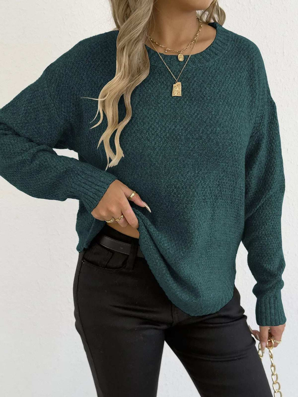 Textured Knit Relaxed Fit Round Neck Sweater - Trendsi - Flyclothing LLC