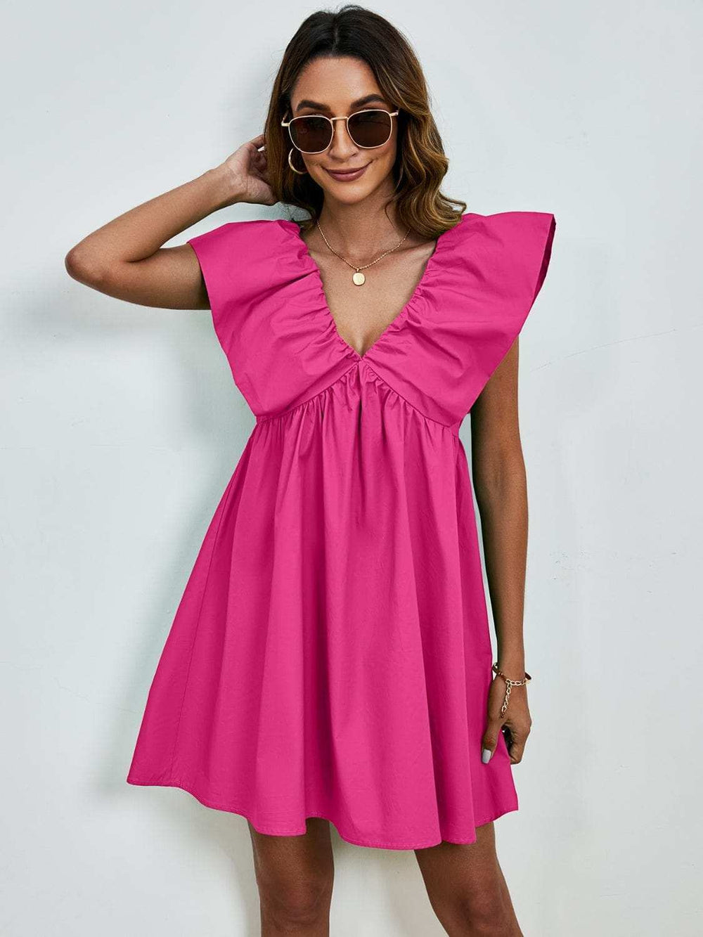 V-Neck Cap Sleeve Mini Dress - Trendsi - Flyclothing LLC