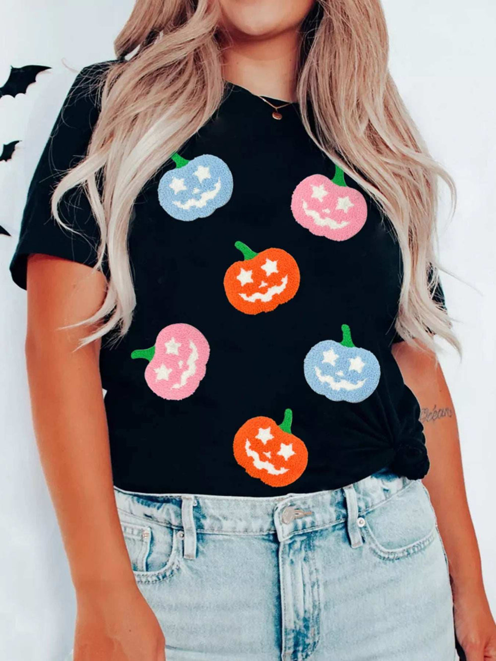 Chenille Pumpkin Patched Playful Halloween T Shirt - Trendsi - Flyclothing LLC