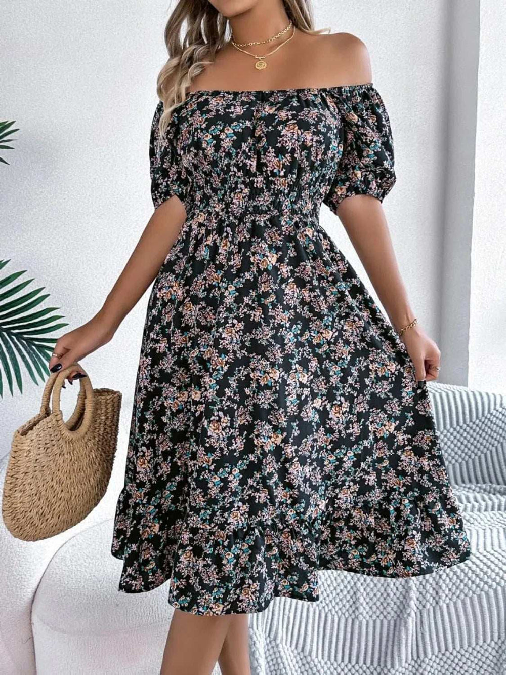 Ruffled Hem Floral Puff Sleeve Dress - Trendsi - Flyclothing LLC