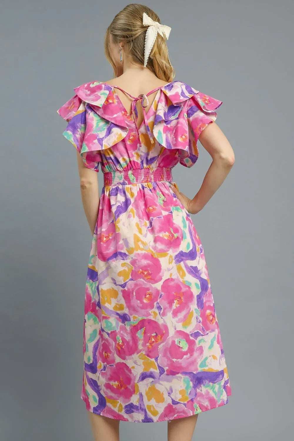 Umgee Floral Ruffled Cap Sleeve Midi Dress - Trendsi - Flyclothing LLC