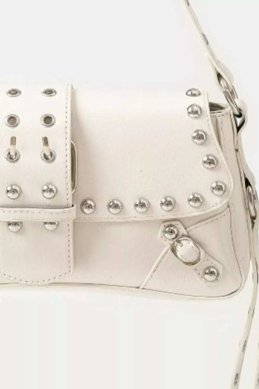 Fame Glossy Faux Leather Rivet Trim Shoulder Bag - Trendsi - Flyclothing LLC