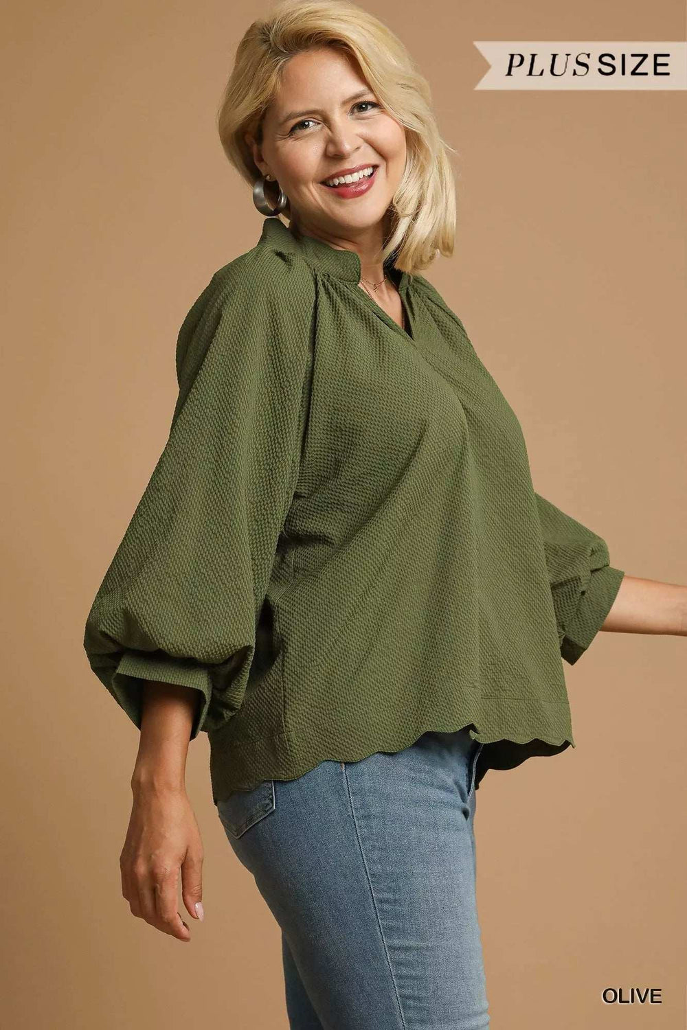 Umgee Full Size Textured Notched Balloon Sleeve Blouse Plus Size - Trendsi - Flyclothing LLC