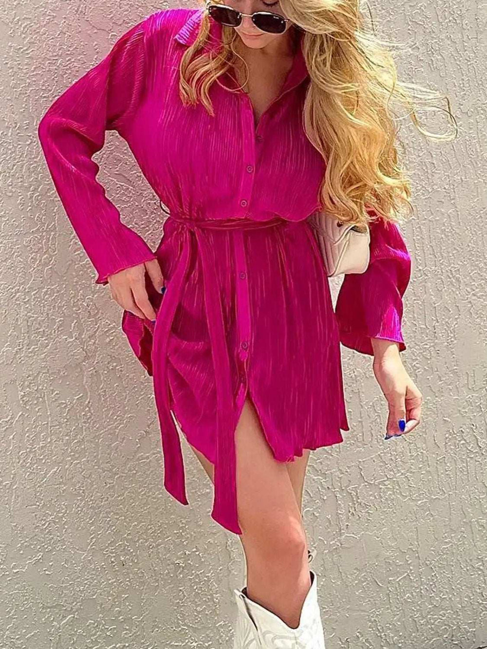 Tied Button Up Long Sleeve Dress - Trendsi - Flyclothing LLC