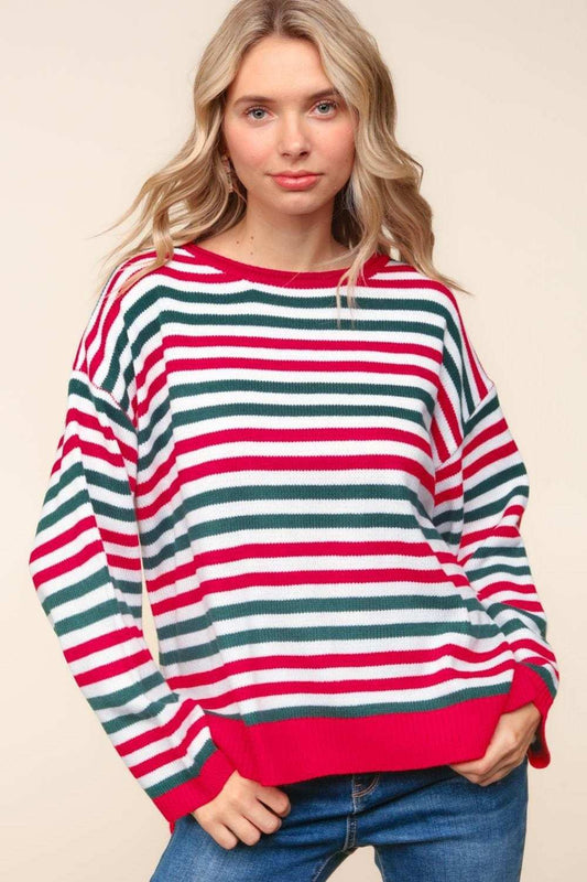 Haptics Full Size Striped Contrast Side Slit Knit Top - Trendsi - Flyclothing LLC