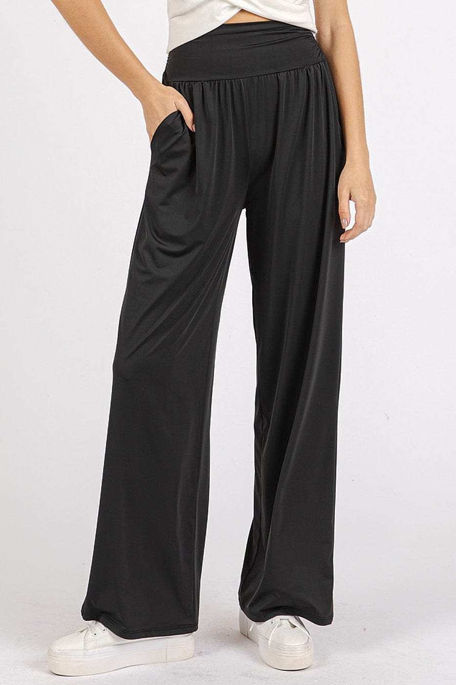 Mittoshop Stretch Banded Waist Wide Leg Pants with Pockets - Trendsi - Flyclothing LLC