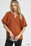 Umgee Textured Flutter Sleeve Notch Neck Top - Trendsi - Flyclothing LLC