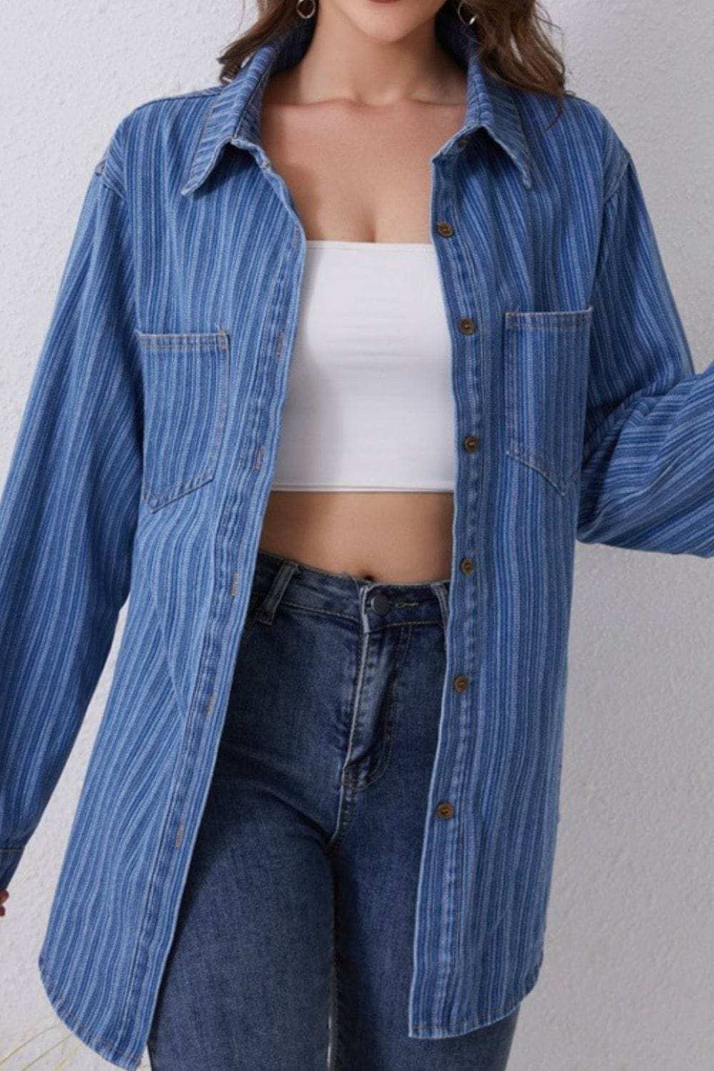 Striped Texture Collared Neck Denim Top - Trendsi - Flyclothing LLC