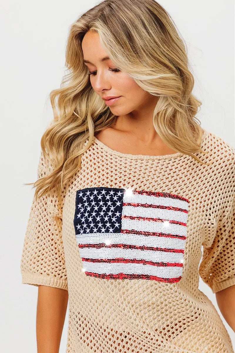 BiBi Sequin American Flag Knit Cover Up - Trendsi - Flyclothing LLC