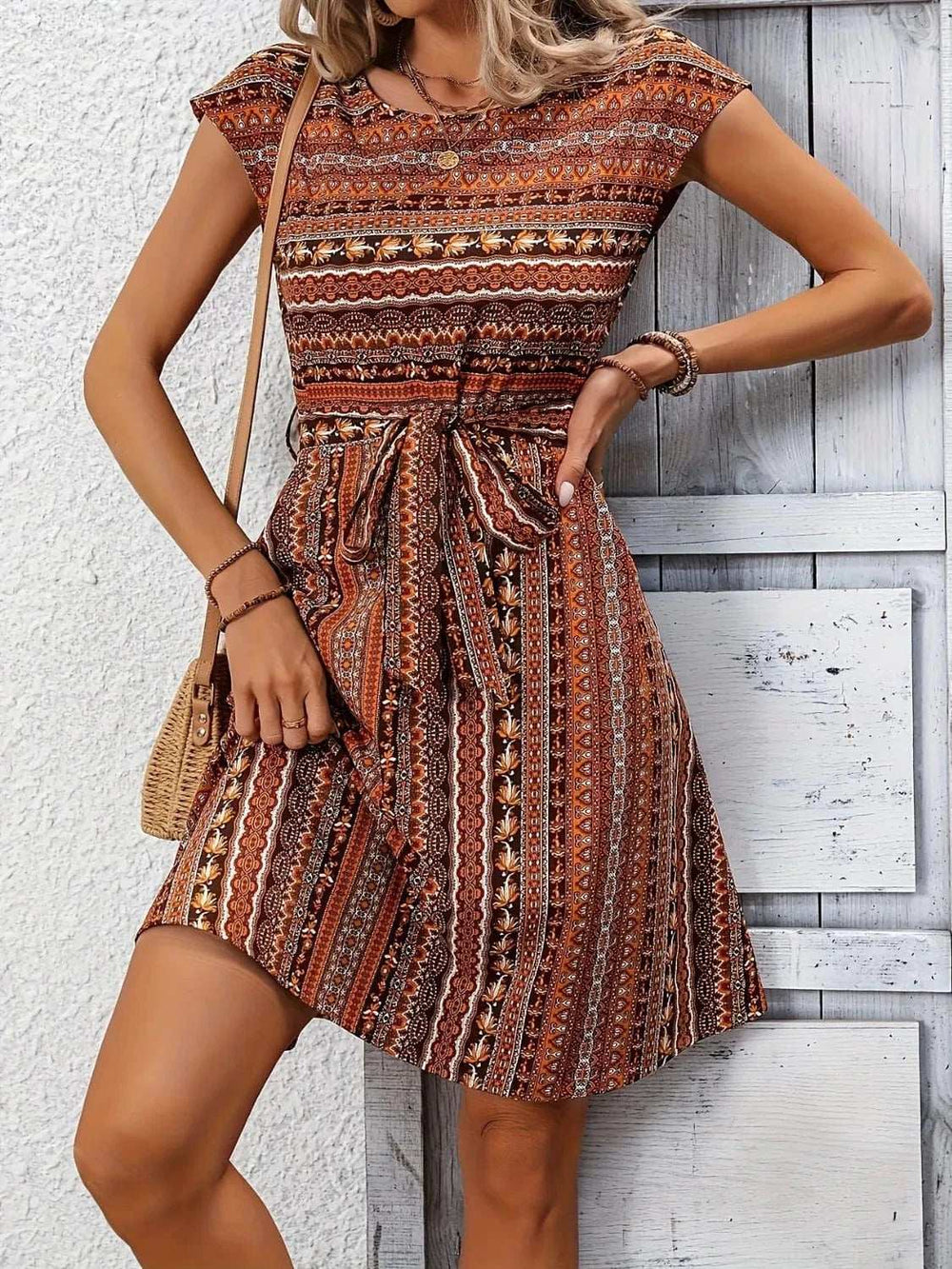 Printed Round Neck Cap Sleeve Dress - Trendsi - Flyclothing LLC