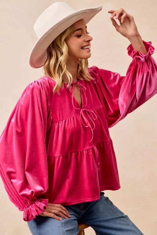 BiBi Christmas Theme Velvet Bow Tied Blouse - Trendsi - Flyclothing LLC