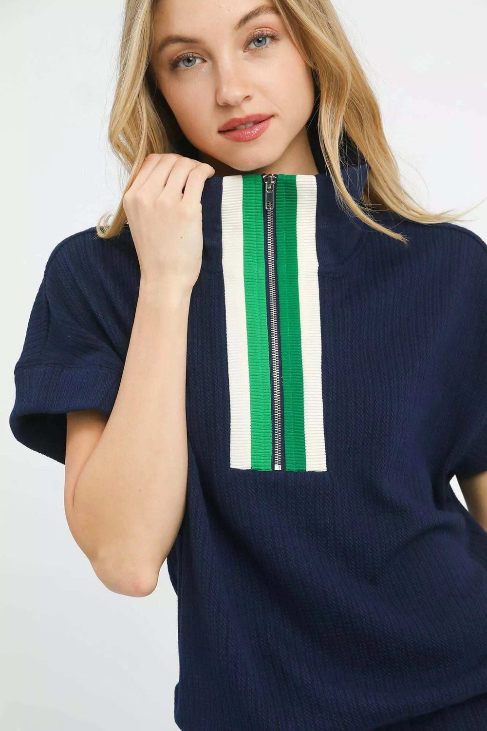 Umgee Textured Striped Zip Collar Knit Top - Trendsi - Flyclothing LLC