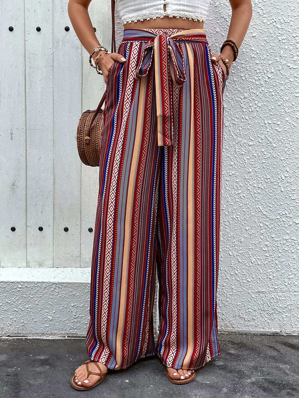 Tied Geometric Wide Leg Pants - Trendsi - Flyclothing LLC