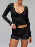 Long Sleeve Fitted T-Shirt and Shorts Set - Trendsi - Flyclothing LLC