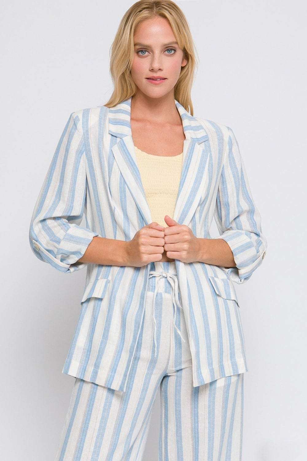 Love Tree Linen Woven Striped Blazer - Trendsi - Flyclothing LLC