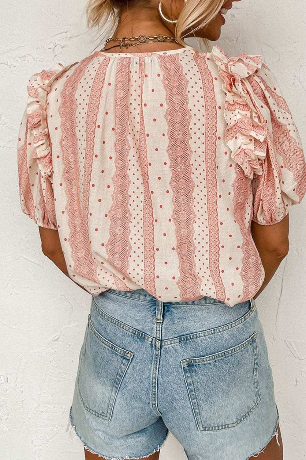 Frilled Short Puff Sleeve Mixed Print Blouse - Trendsi - Flyclothing LLC