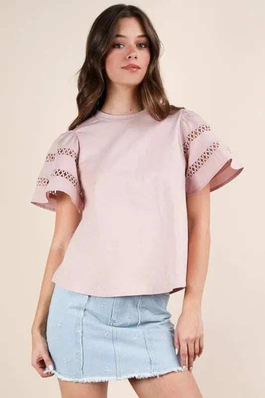 VERY J Lace Trim Sleeve Top - Trendsi - Flyclothing LLC