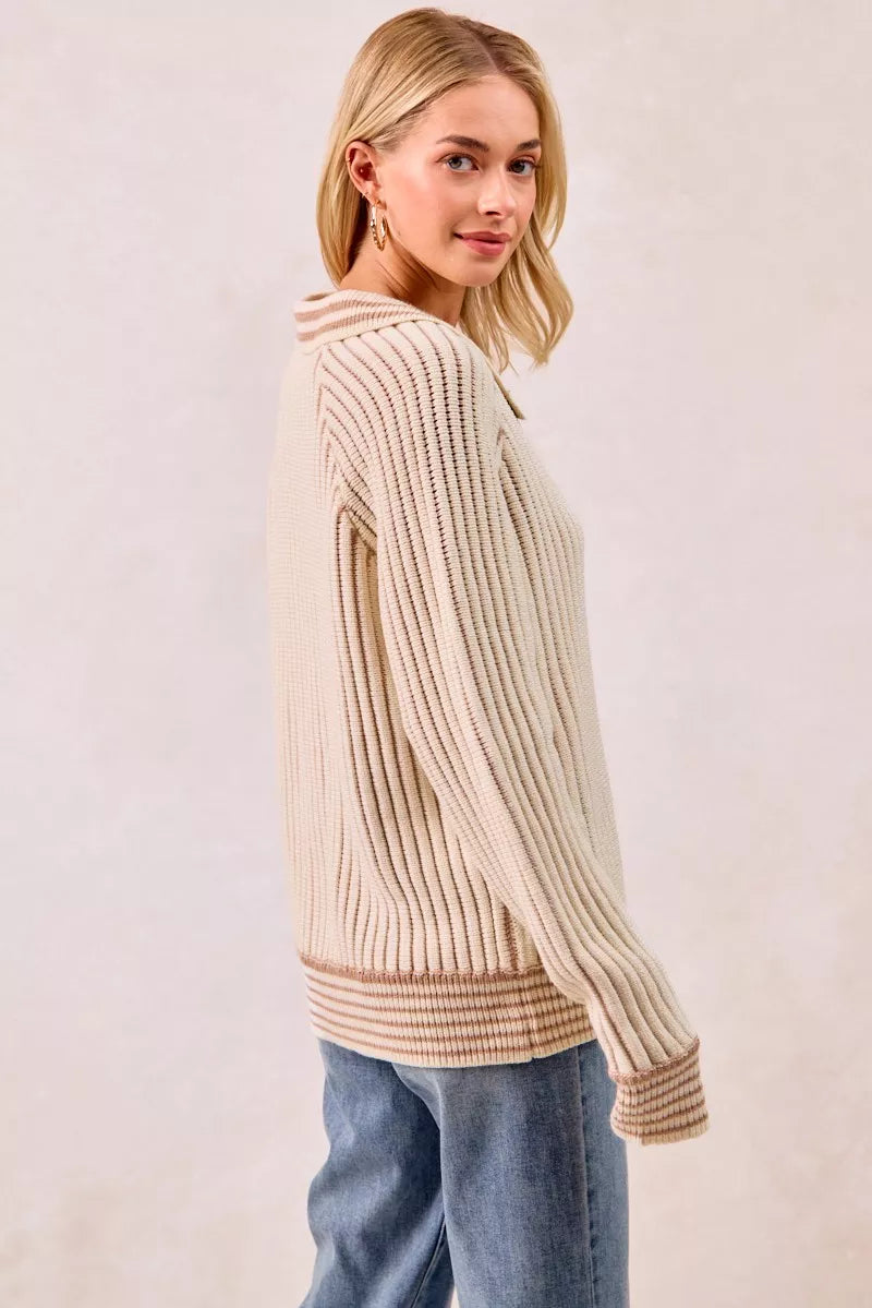 BiBi Half Button Ribbed Two Tone Sweater - Trendsi - Flyclothing LLC