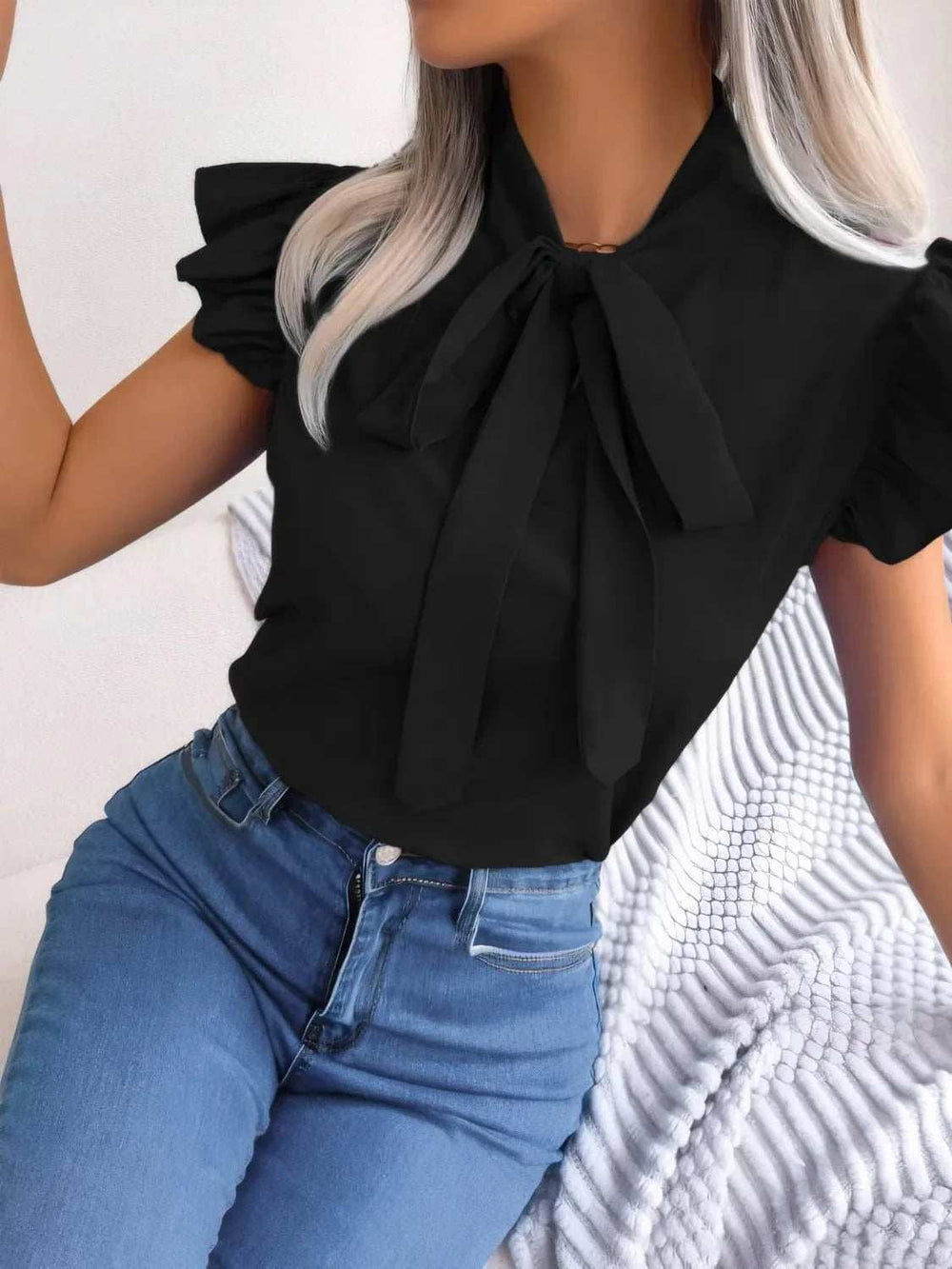 Ruffled Tie Neck Cap Sleeve Blouse - Trendsi - Flyclothing LLC
