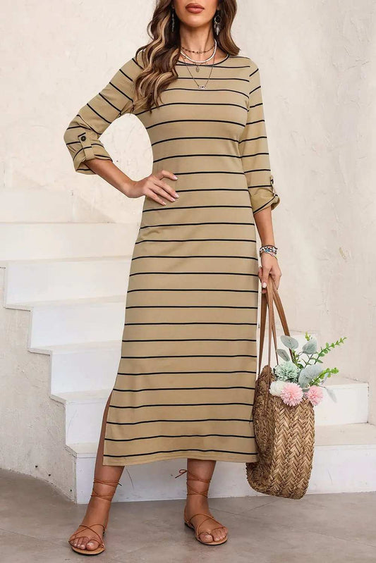Slit Striped Round Neck Midi Dress - Trendsi - Flyclothing LLC