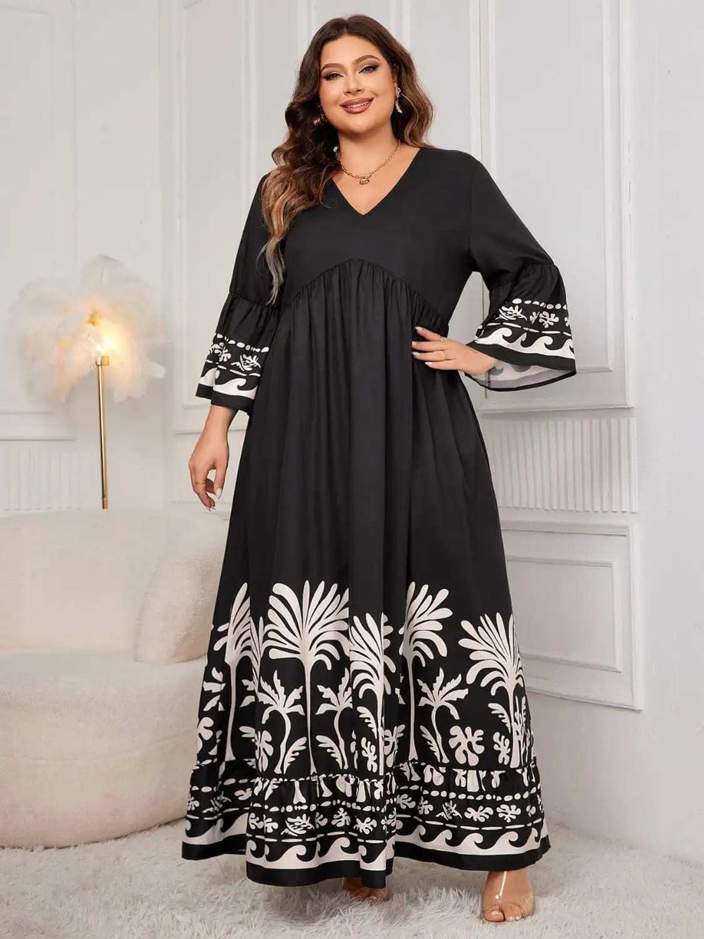 Plus Size Printed V-Neck Long Sleeve Maxi Dress - Trendsi - Flyclothing LLC