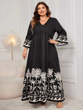 Plus Size Printed V-Neck Long Sleeve Maxi Dress - Trendsi - Flyclothing LLC