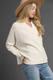 Umgee V-Neck Sweater with Wide Trim Detail - Trendsi - Flyclothing LLC