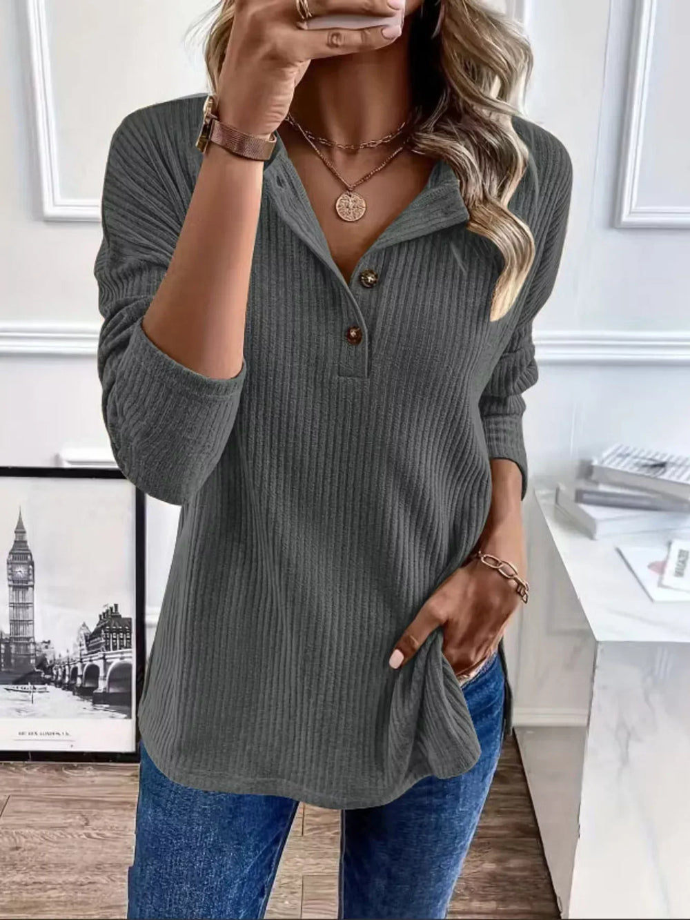 Button-Detail Dropped Shoulder Top - Trendsi - Flyclothing LLC