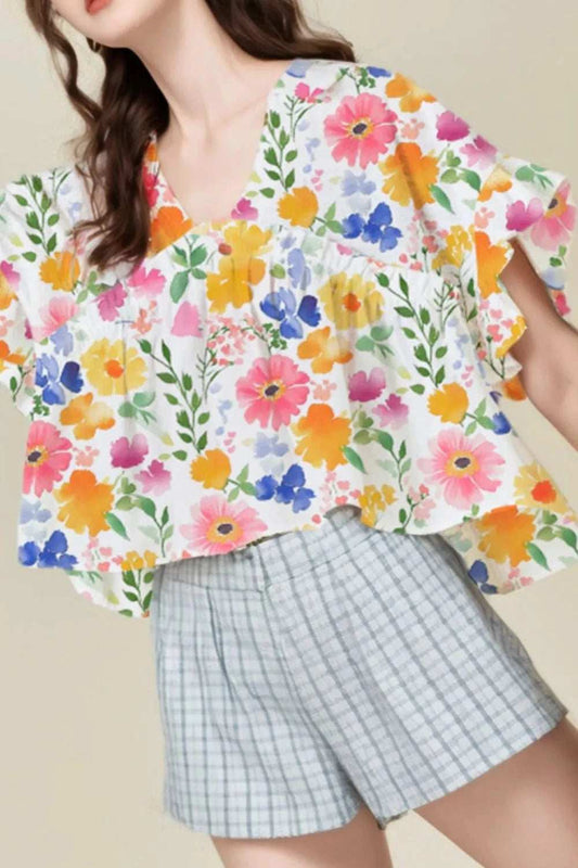 Floral Boxy Fit Ruffled Short Sleeve Blouse - Trendsi - Flyclothing LLC
