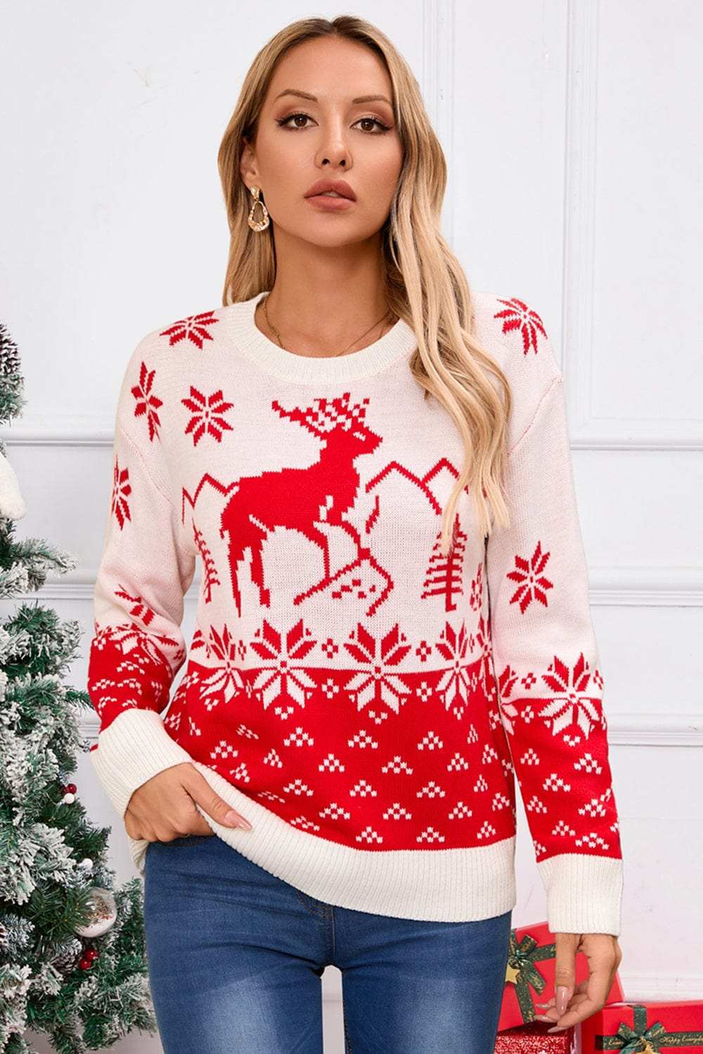 Angel Wings Deer Pattern Round Neck Long Sleeve Sweater - Trendsi - Flyclothing LLC