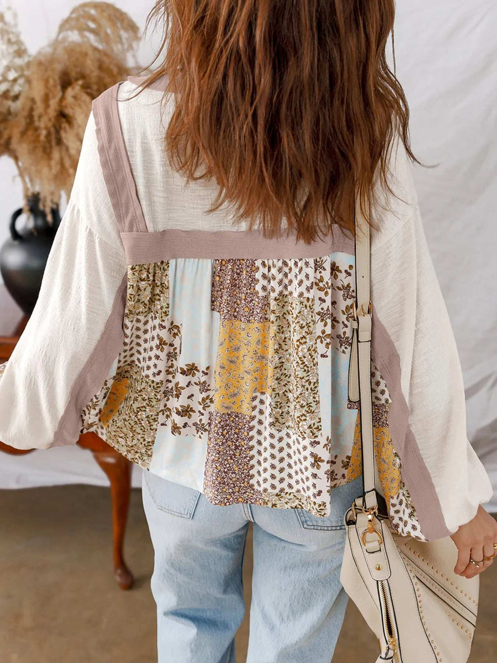 Floral Printed Contrast Patchwork Long Sleeve Top - Trendsi - Flyclothing LLC