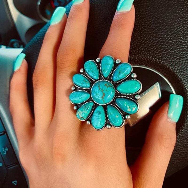 Artificial Turquoise Alloy Flower Ring - Trendsi - Flyclothing LLC