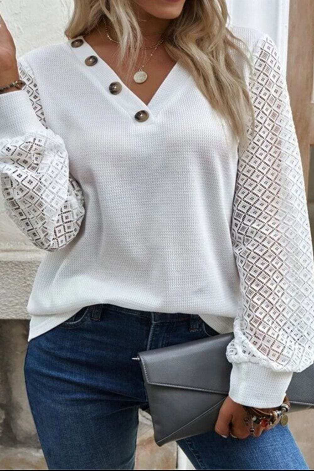 Decorative Button V-Neck Long Sleeve T-Shirt - Trendsi - Flyclothing LLC