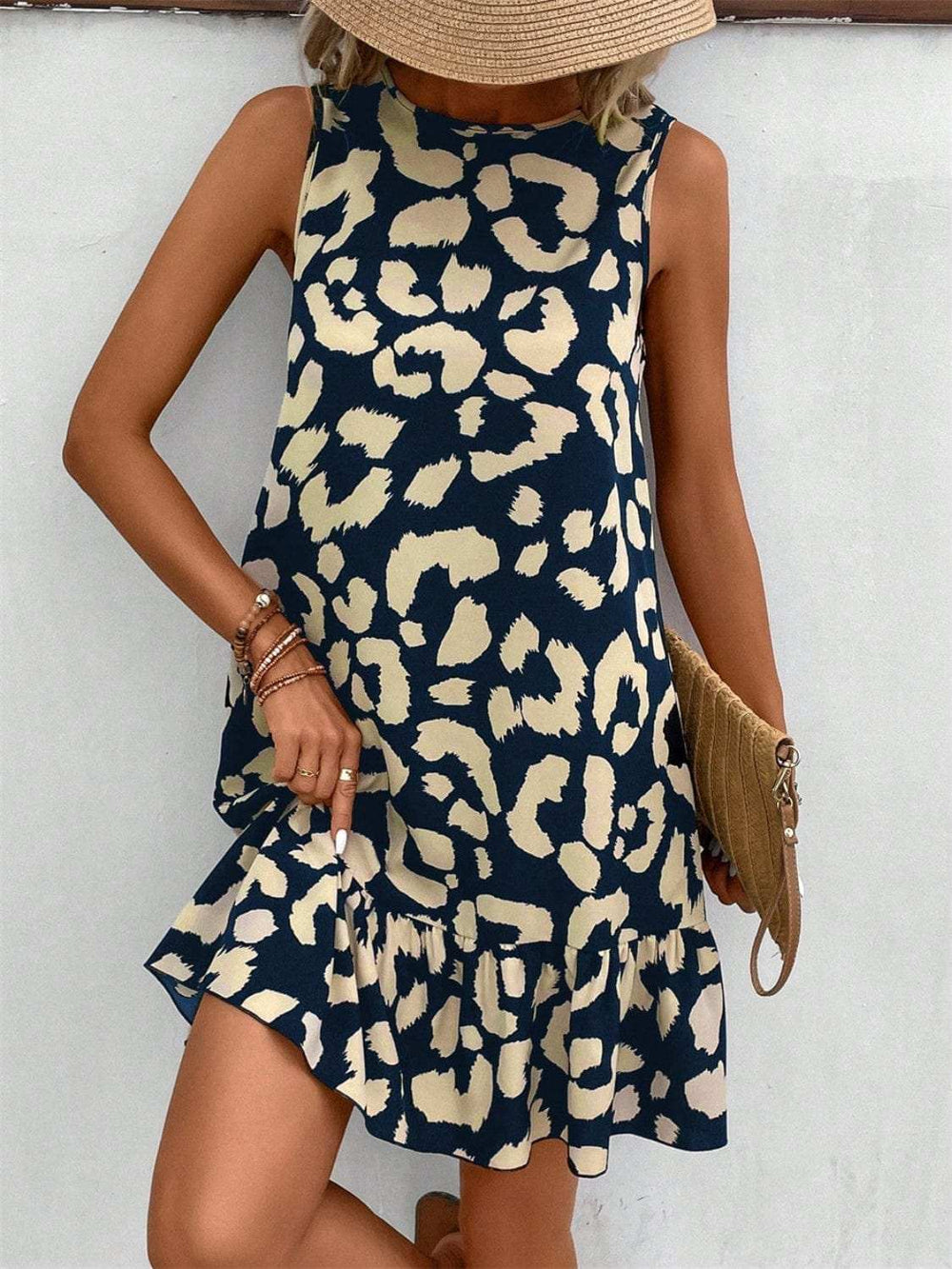 Tied Leopard Round Neck Tank Dress - Trendsi - Flyclothing LLC