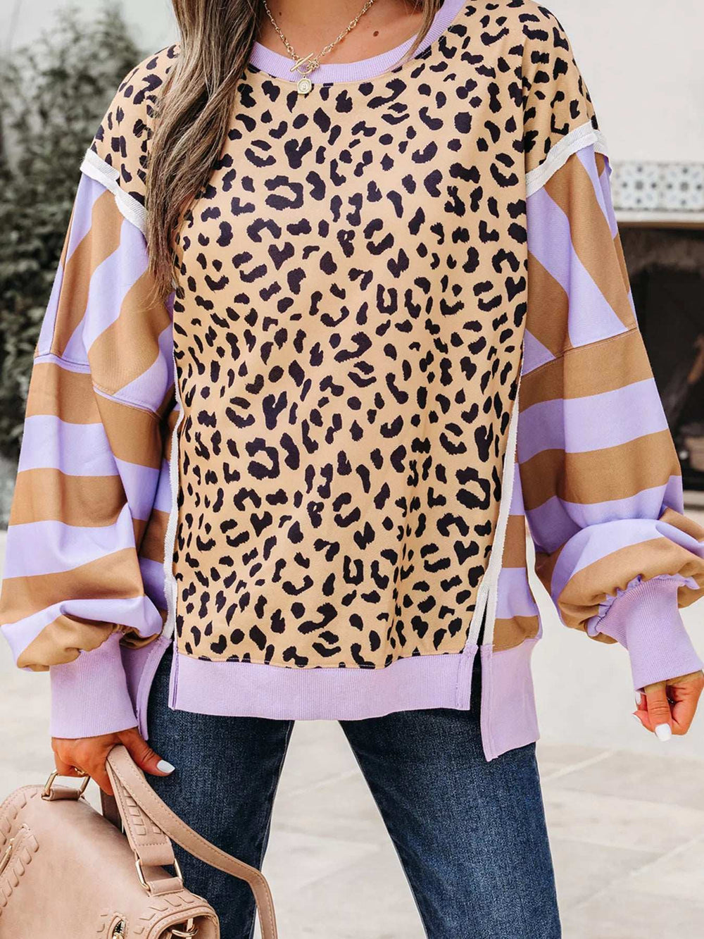 Stripe Color Block Patchwork Leopard Casual Sweatshirt with Slits - Trendsi - Flyclothing LLC