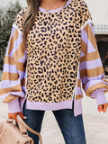 Stripe Color Block Patchwork Leopard Casual Sweatshirt with Slits - Trendsi - Flyclothing LLC