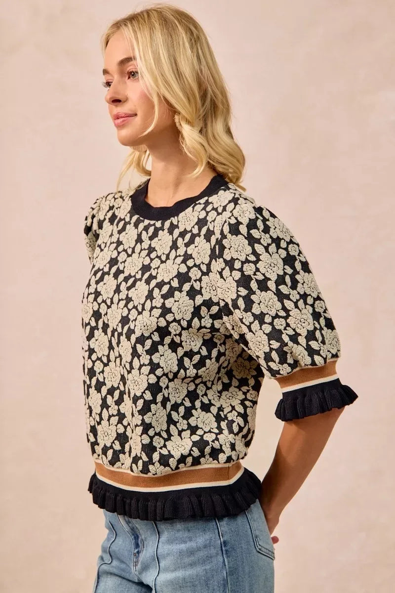 BiBi Textured Rose Knit Top Contrast Banded Puff Sleeve - Trendsi - Flyclothing LLC