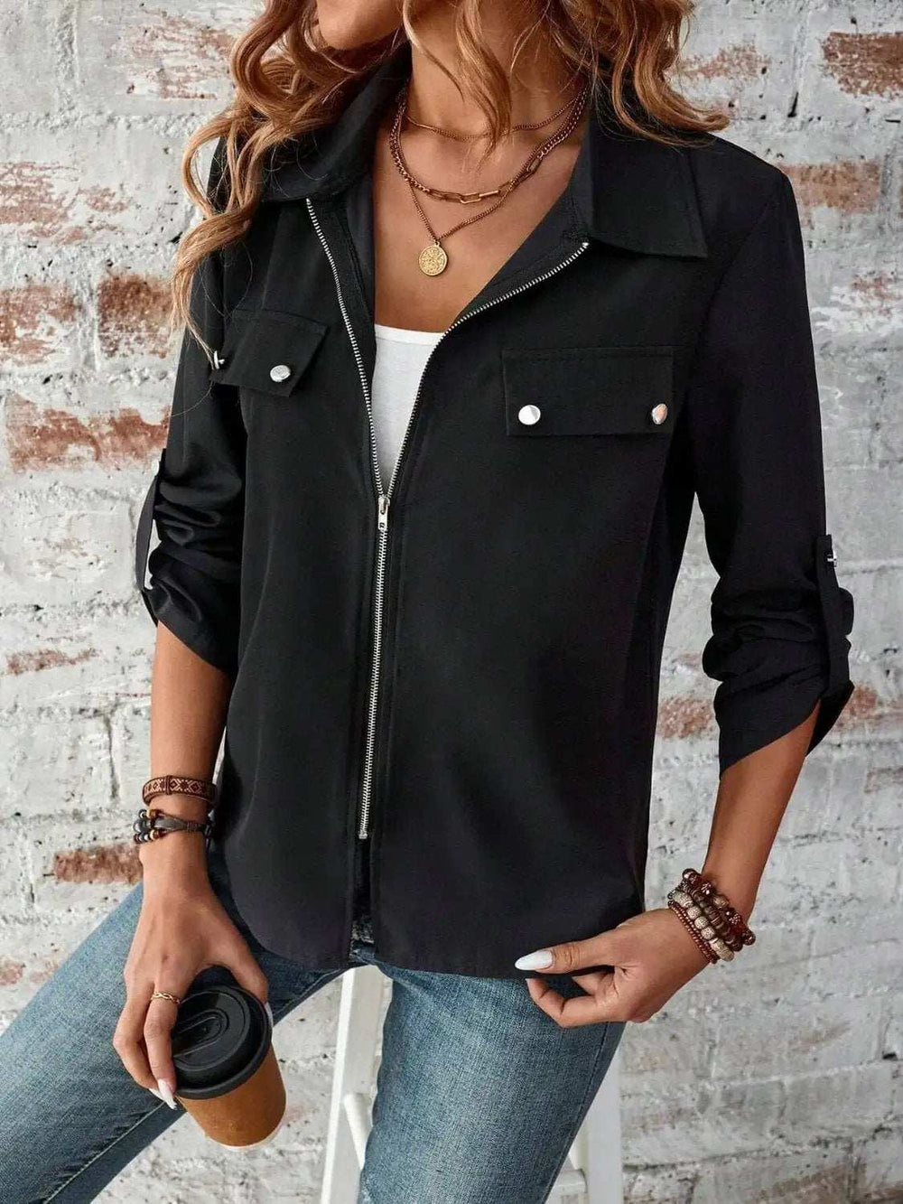 Zip Up Collared Neck Roll-Tab Sleeve Jacket - Trendsi - Flyclothing LLC