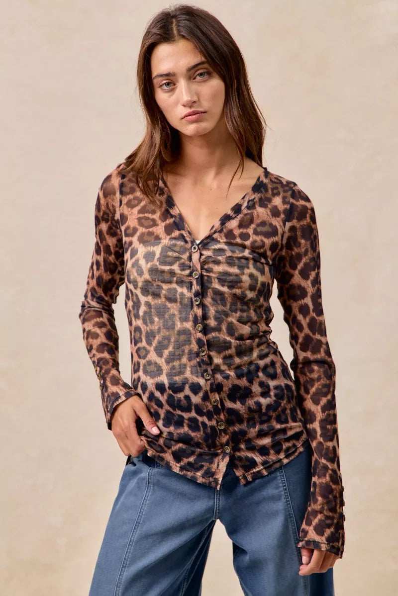 BiBi Leopard Printed Mesh Shirt With Button Up V Neck - Trendsi - Flyclothing LLC