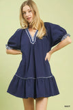 Umgee French Terry Mini Dress with Ruffled Striped Trim - Trendsi - Flyclothing LLC