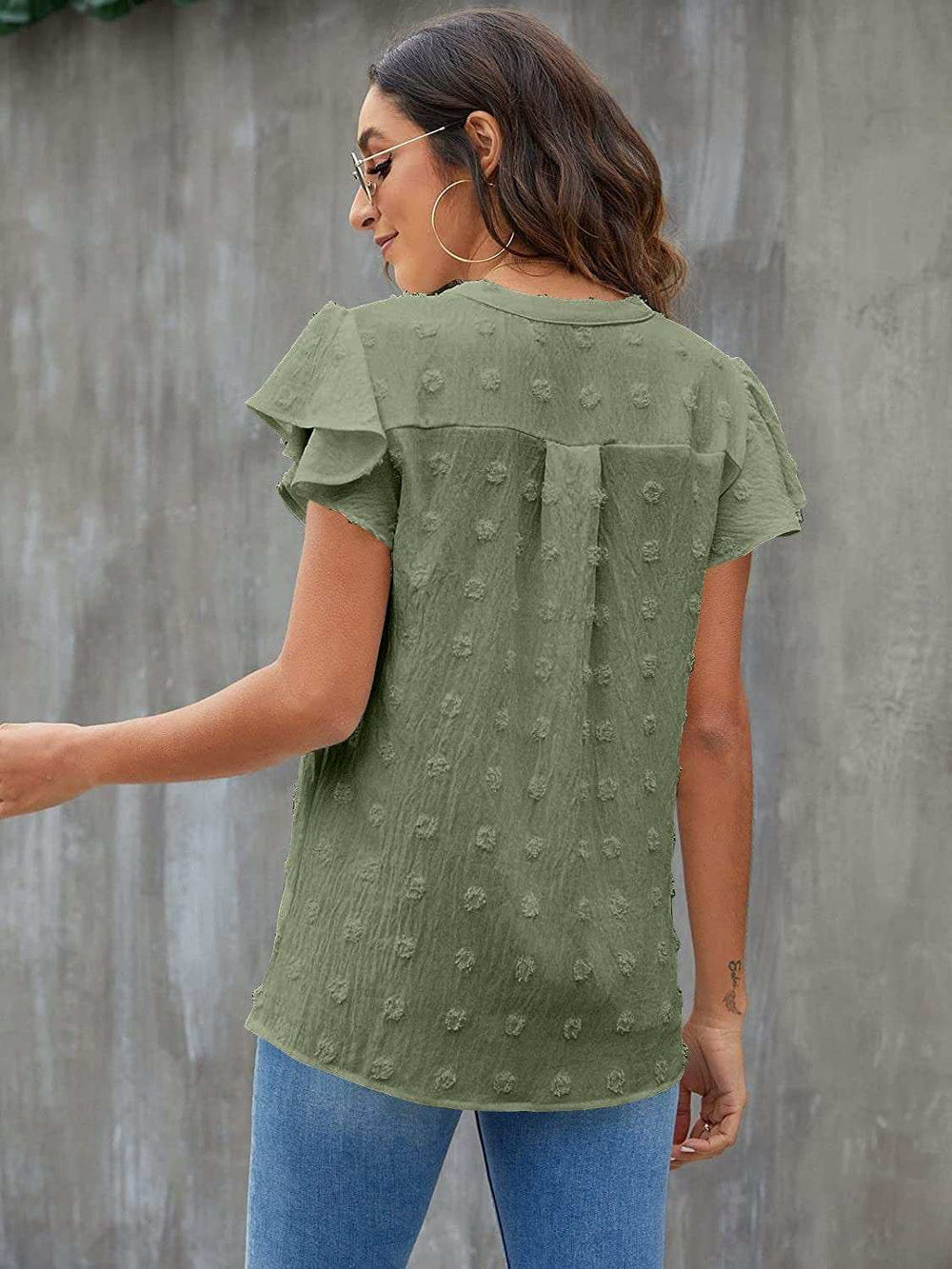 Swiss Dot Notched Flutter Sleeve Blouse - Trendsi - Flyclothing LLC