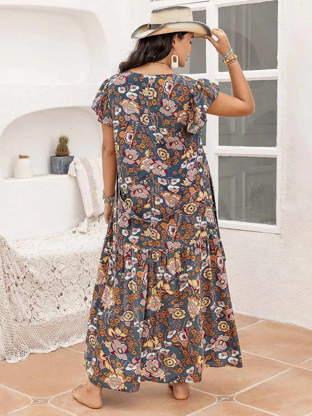 Plus Size Ruffled Printed Cap Sleeve Dress - Trendsi - Flyclothing LLC