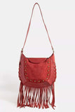 Fame Rivet Trim Suede Fringe Shoulder Bag - Trendsi - Flyclothing LLC
