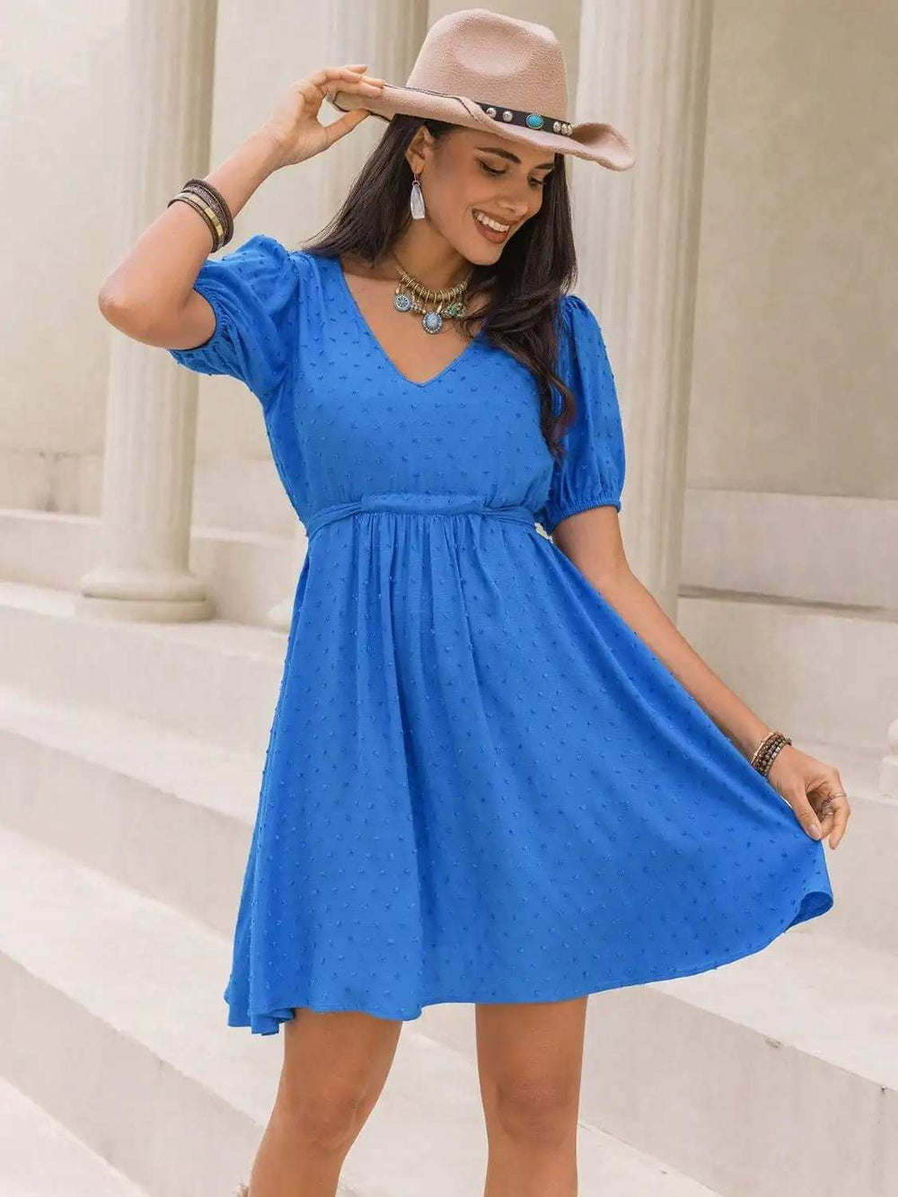 Tied Swiss Dot V-Neck Short Sleeve Dress - Trendsi - Flyclothing LLC