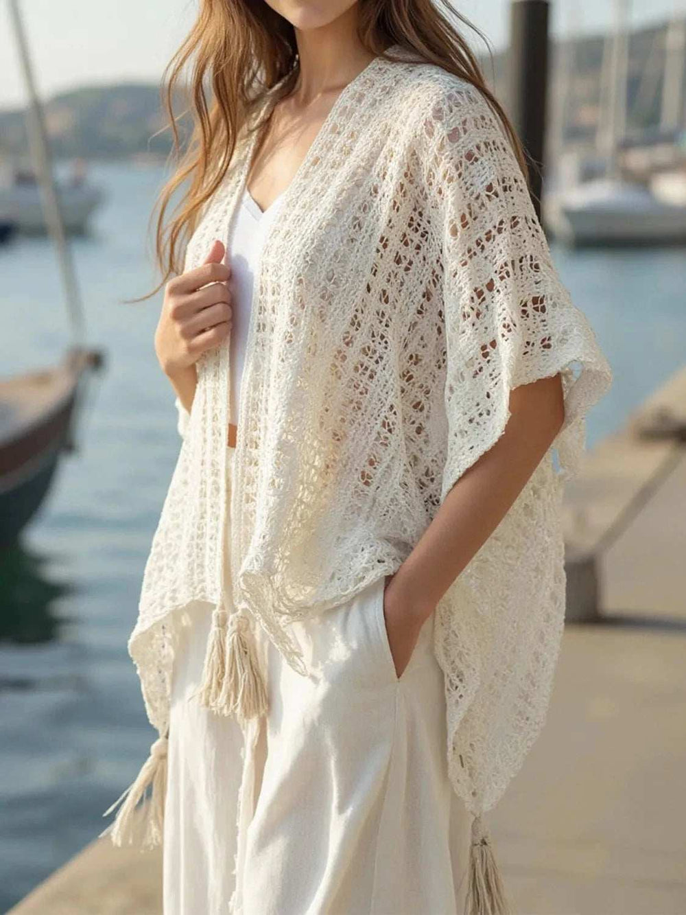 Openwork Tassel Open Front Knit Cover Up - Trendsi - Flyclothing LLC