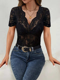 Lace V-Neck Short Sleeve Top - Trendsi - Flyclothing LLC