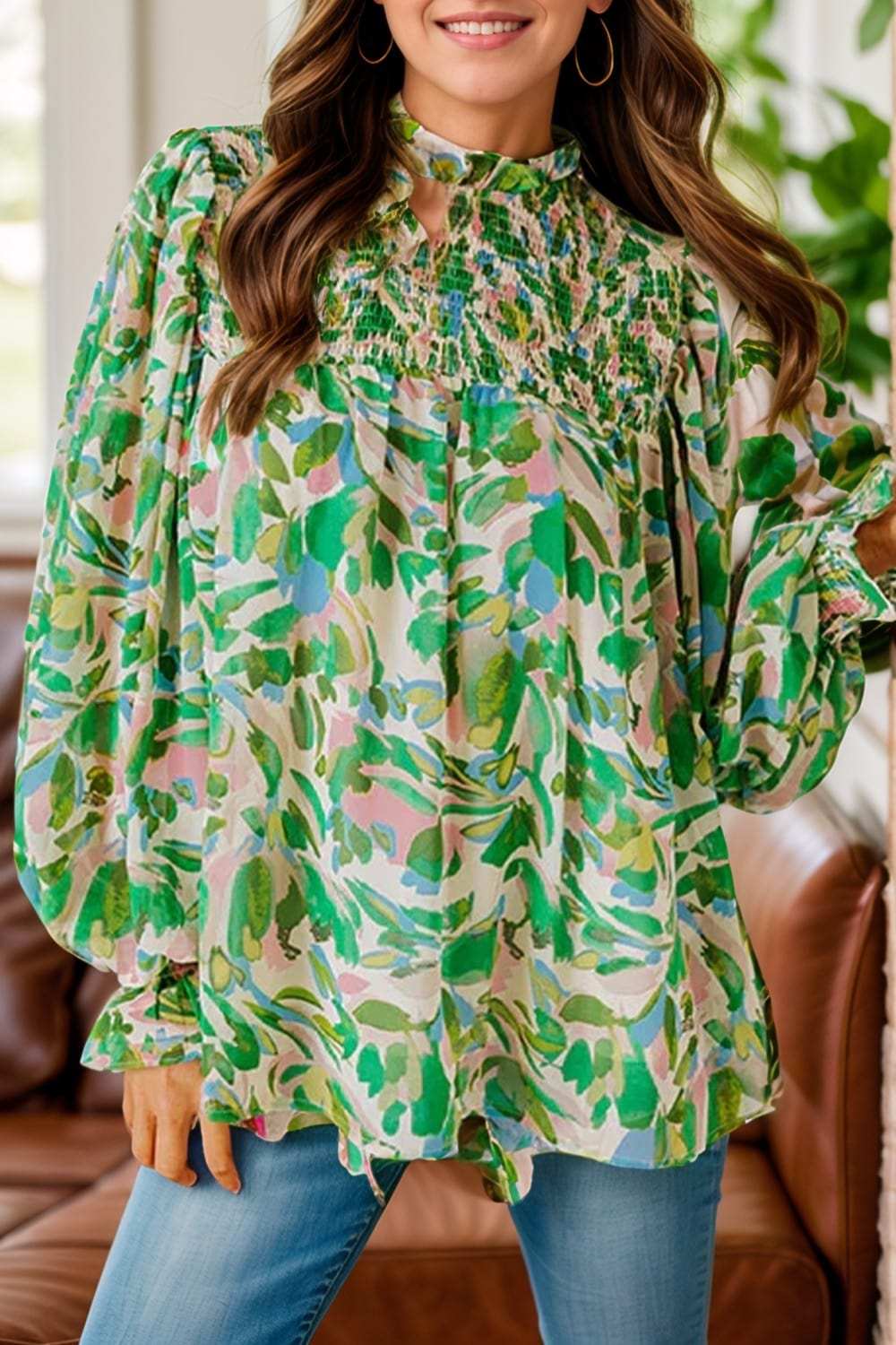 Frill Printed Mock Neck Flounce Sleeve Blouse - Trendsi - Flyclothing LLC