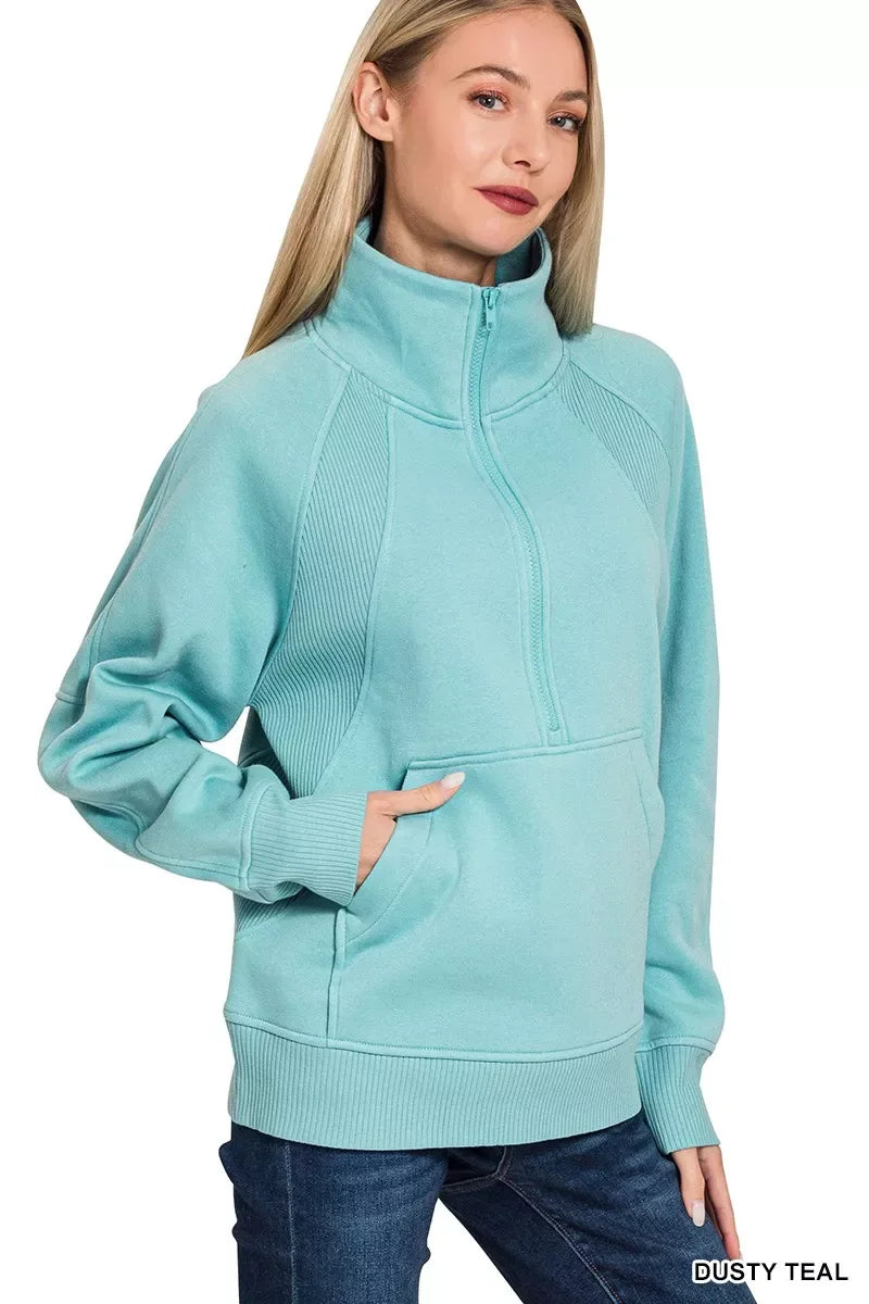 Zenana Half Zip Fleece Sweatshirt with kangaroo Pocket - Trendsi - Flyclothing LLC