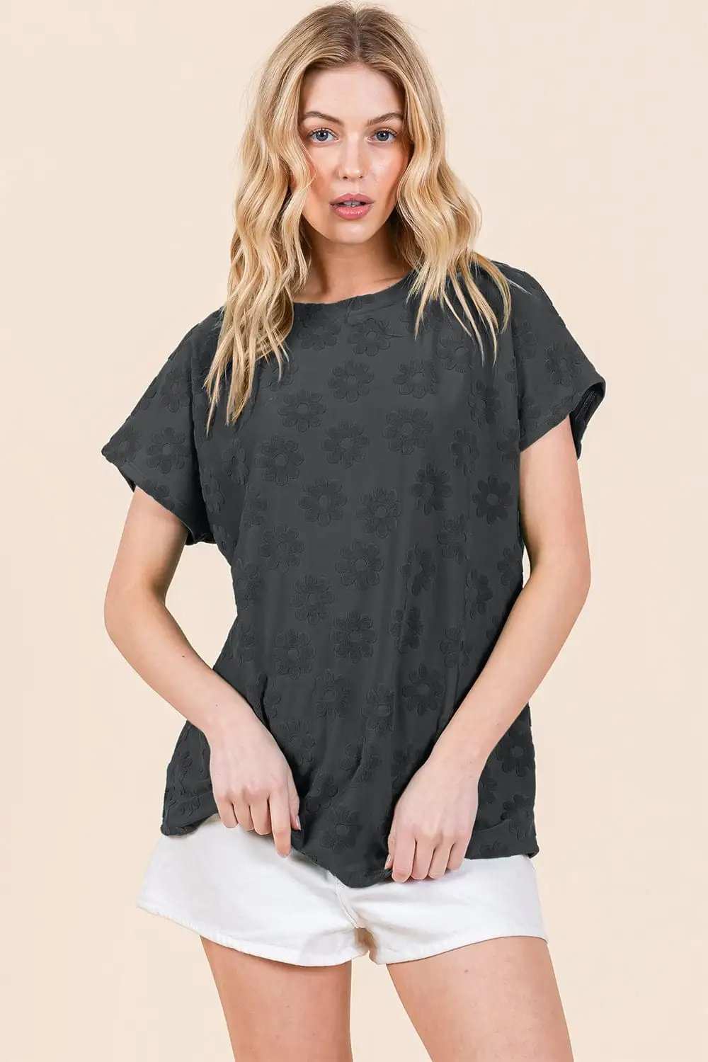 BOMBOM Textured Floral Pattern Short Sleeve T-Shirt - Trendsi - Flyclothing LLC