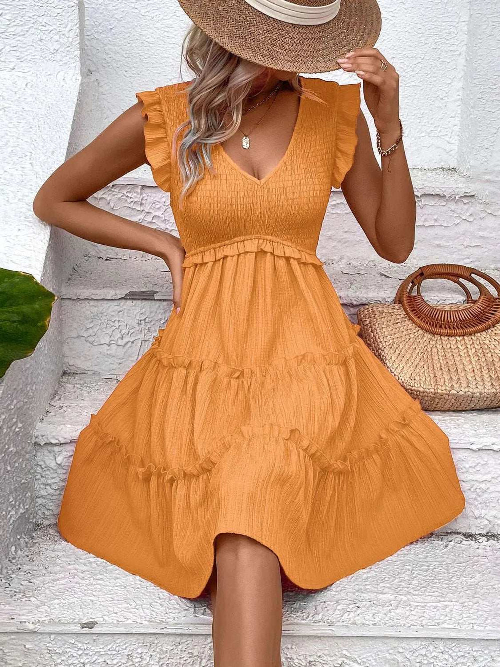 Ruffled V-Neck Cap Sleeve Dress - Trendsi - Flyclothing LLC